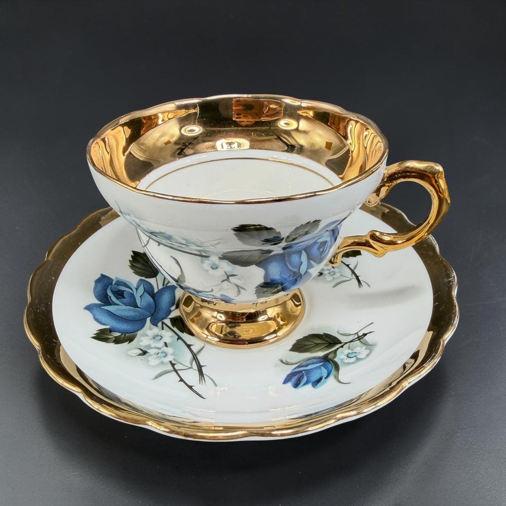 Rosina Bone China England Blue Rose Tea Cup Saucer Set Gold Gilt Vintage Decor